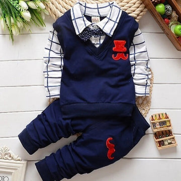 Baby Boys 2PC Little Gentleman Outfits. Long Sleeves Sweater-Shirt (Button Down Look Built In) and Trousers Set.